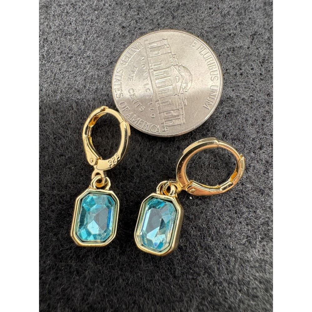 Aqua Blue Crystal Dangle Earrings Gold Tone Leverback 925 Marked NEW